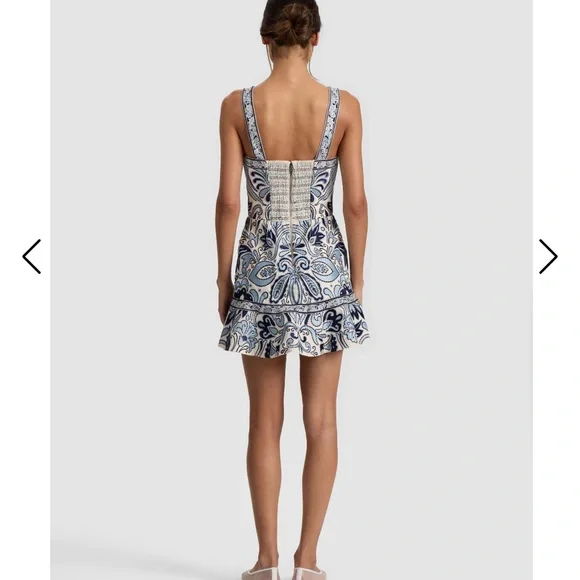 Alice + Olivia KAIDRA MINI DRESS Blue and White Floral Embroidered Dress - Picture 4 of 9